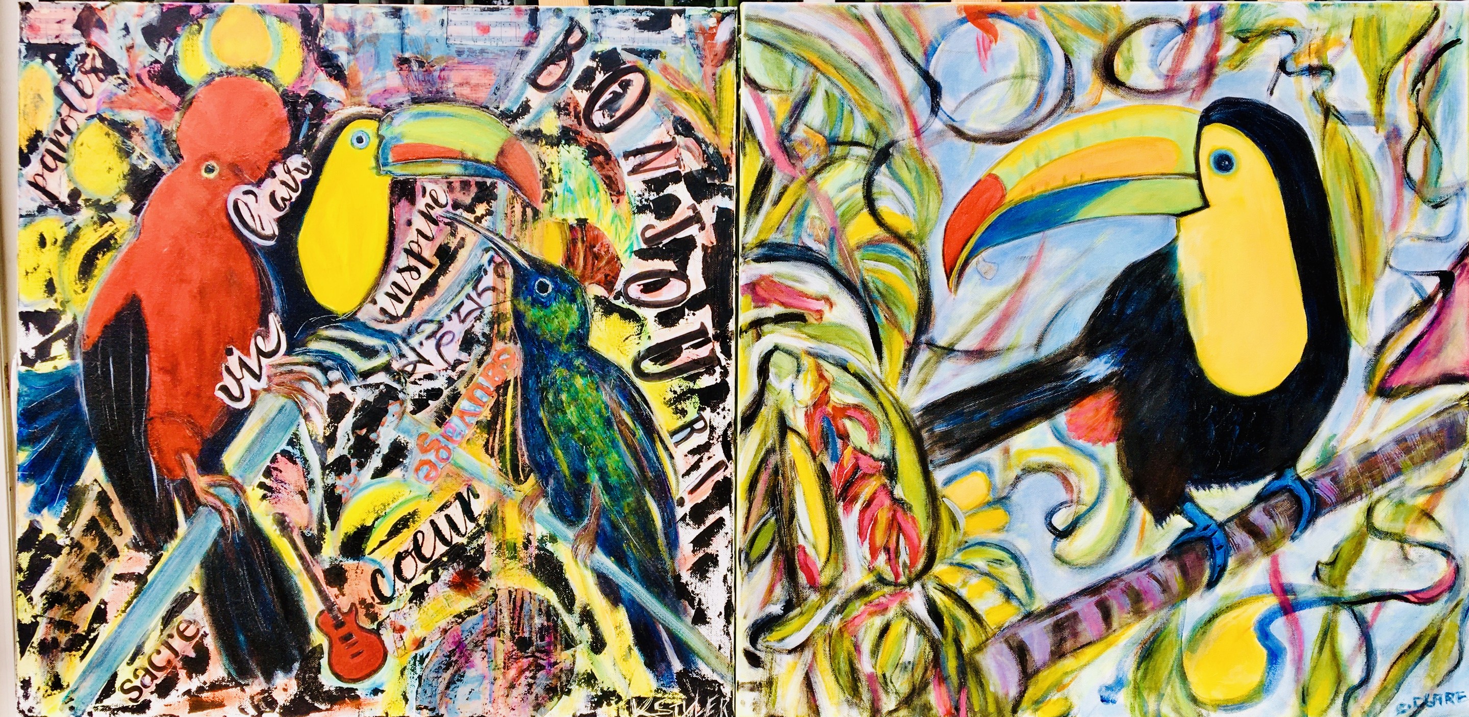 Catherine Clare, Oiseaux tropicaux, toucans, aras rouges. (Diptyque N°2) Catherine Clare, Oiseaux tropicaux, toucans, aras rouges. (Diptyque N°2)