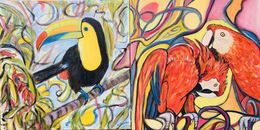 Painting, Oiseaux tropicaux, toucans, aras rouges. (Diptyque N°3), Catherine Clare
