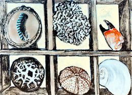 Gemälde, Plume de Geai, Oursin & pince de Crabe, Aurelie Cholley