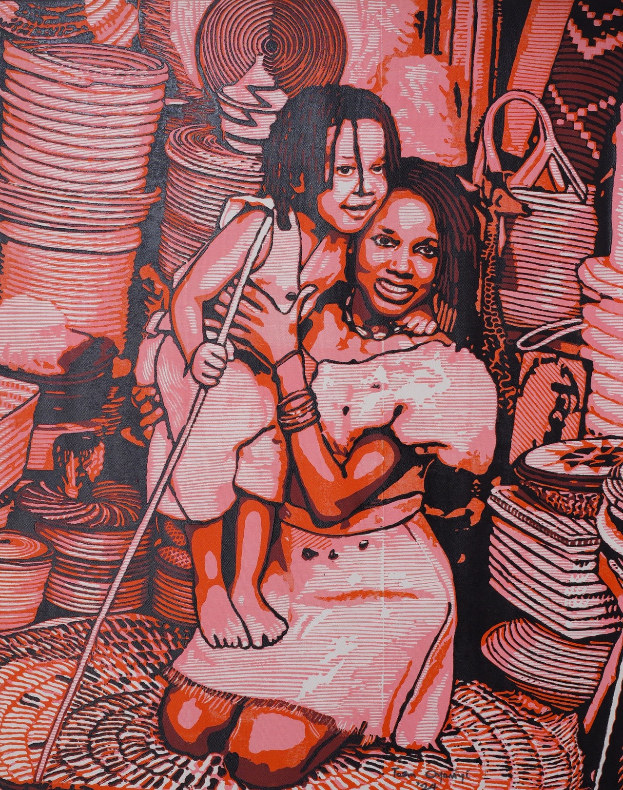 Tosin Oyeniyi, Dual Treasure - 21st Century, Contemporary, Figurative, Africa, Linocut, Women Tosin Oyeniyi, Dual Treasure - 21st Century, Contemporary, Figurative, Africa, Linocut, Women