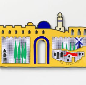 Sculpture, Jerusalem yellow / gray pop art – 3D Wall Sculpture, Zion Ezri
