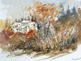 Peinture, Houses in an autumnam wood - watercolor, Pol Ledent