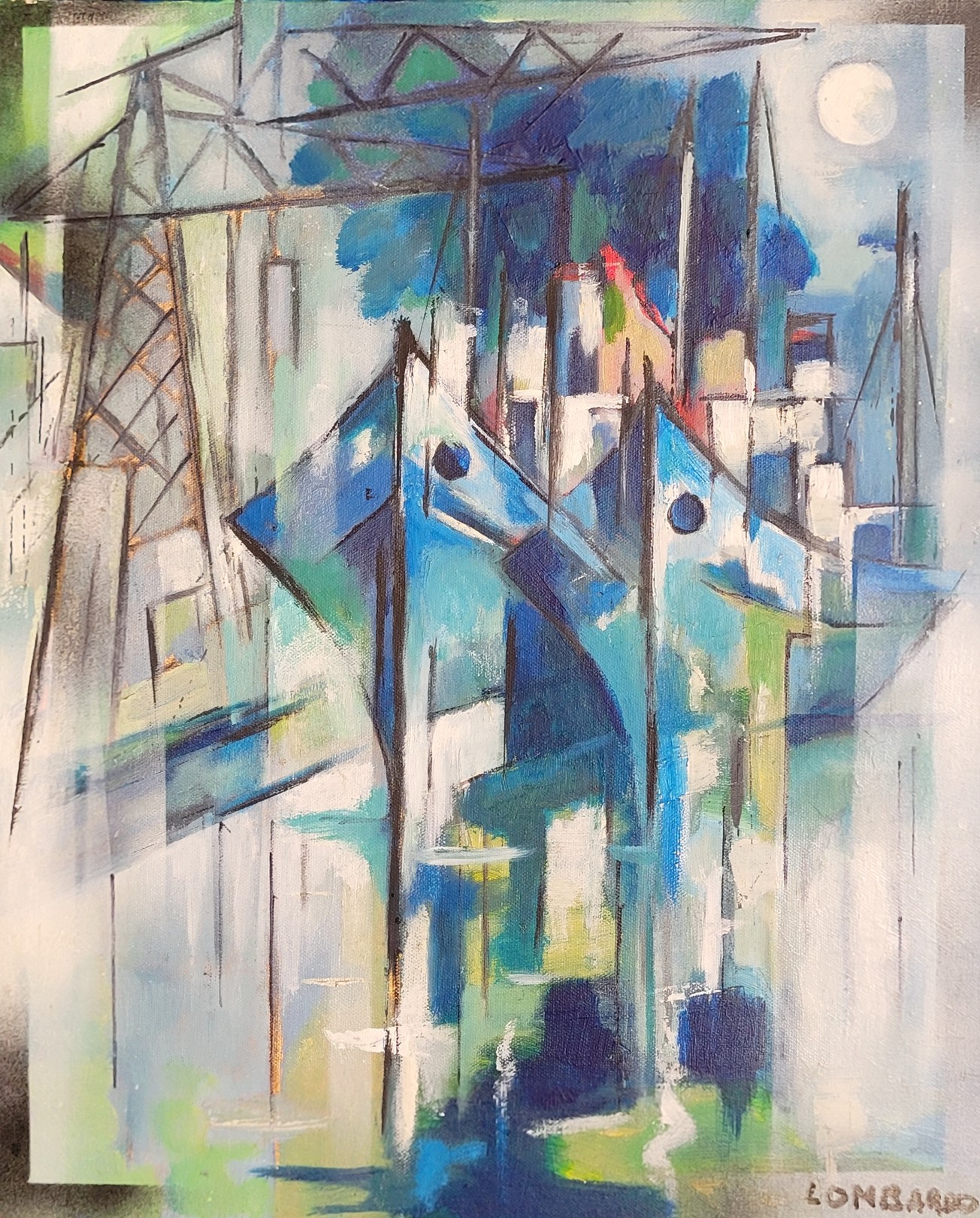 Lombardo, Boats in harbour. Contemporary Cubist Acrylic on Canvas. Lombardo, Boats in harbour. Contemporary Cubist Acrylic on Canvas.