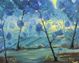 Peinture, Sous bois au bleu - Paysage de forêt, Marie Freisses dite Flamaelle