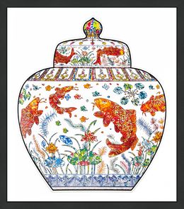 Édition, Lidded Jar with Design of a Lotus Pond (hand signed shaped lithograph), Takashi Murakami