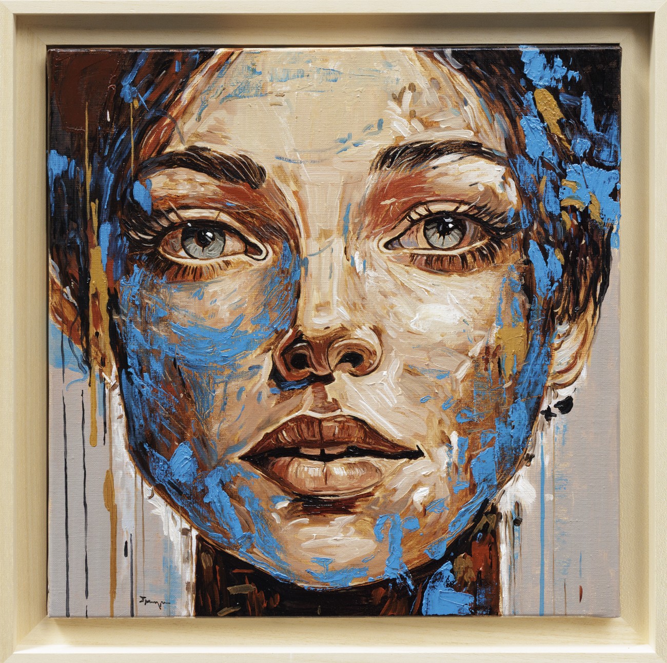 Jair Marques Herculano, Portrait d'une femme moderne - série portrait beige et bleu Jair Marques Herculano, Portrait d'une femme moderne - série portrait beige et bleu