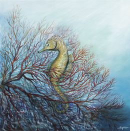 Peinture, Hippocampe doré - série faune et flore sous marine, Irène Pouvreau dite Syrène