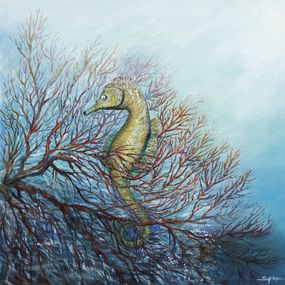 Gemälde, Hippocampe doré - série faune et flore sous marine, Irène Pouvreau dite Syrène