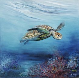 Gemälde, Tortue rousse - série faune et flore sous marine, Irène Pouvreau dite Syrène