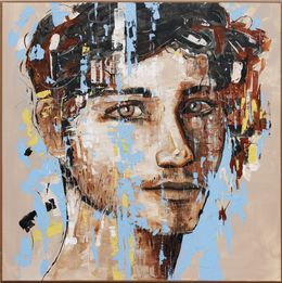 Gemälde, Portrait d'un jeune homme moderne - série portrait beige et bleu, Jair Marques Herculano