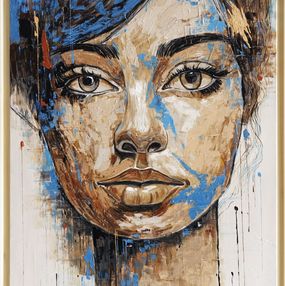 Gemälde, Portrait d'une jeune fille moderne - série portrait beige et bleu, Jair Marques Herculano
