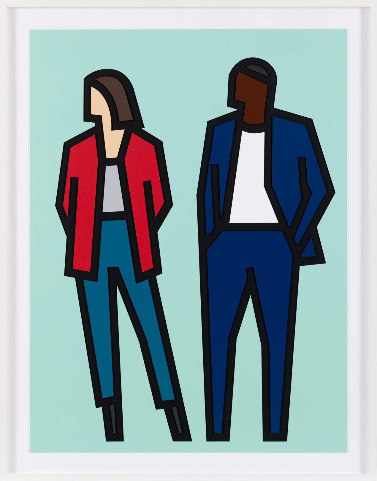 Julian Opie, Carmen and Fabien (from Standing Couples), hand signed relief with collage Julian Opie, Carmen and Fabien (from Standing Couples), hand signed relief with collage