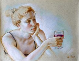 Fine Art Drawings, Hannah au verre de vin, Francine Van Hove