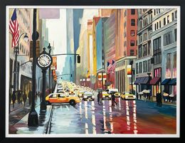 Gemälde, Large Painting of Classic New York City in Rain with Figures, Angela Wakefield