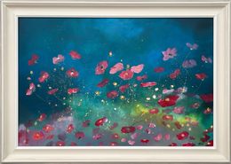 Pintura, Wild Red Flowers on Turquoise & Green Abstract, Angela Wakefield
