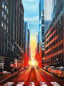 Gemälde, Manhattan Henge New York City Dramatic Sunset, Angela Wakefield