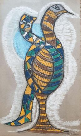 Fine Art Drawings, Abstract Expressionist CoBrA Style Anthropomorphic Bird, A Nuchy