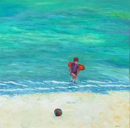 Pittura, Blue and Yellow Beach Scene in oil on Linen. Ballon de Plage No.1, Bernadette Van Baarsen