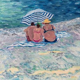 Pittura, Blue and White Beach Scene in Oil on Linen. Sous un Parasol. No.1., Bernadette Van Baarsen