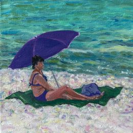 Pittura, Turquoise & white Provençal Beach Scene. Dame en Violet, Bernadette Van Baarsen