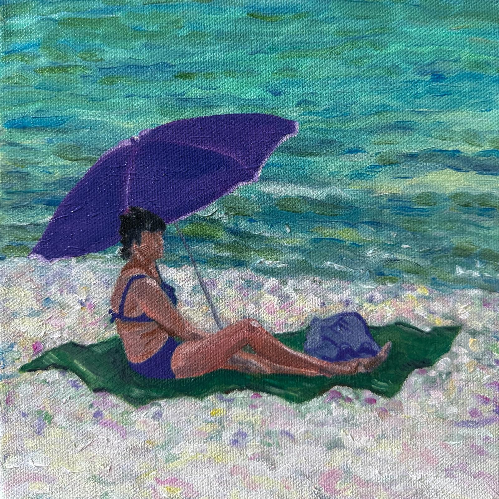 Bernadette Van Baarsen, Turquoise & white Provençal Beach Scene. Dame en Violet Bernadette Van Baarsen, Turquoise & white Provençal Beach Scene. Dame en Violet