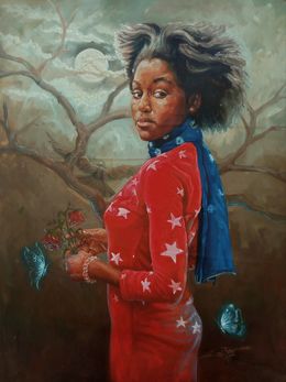 Gemälde, Gone with the moon - Figurative painting of a lady in red dress, Peter Eneji