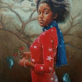Pittura, Gone with the moon - Figurative painting of a lady in red dress, Peter Eneji