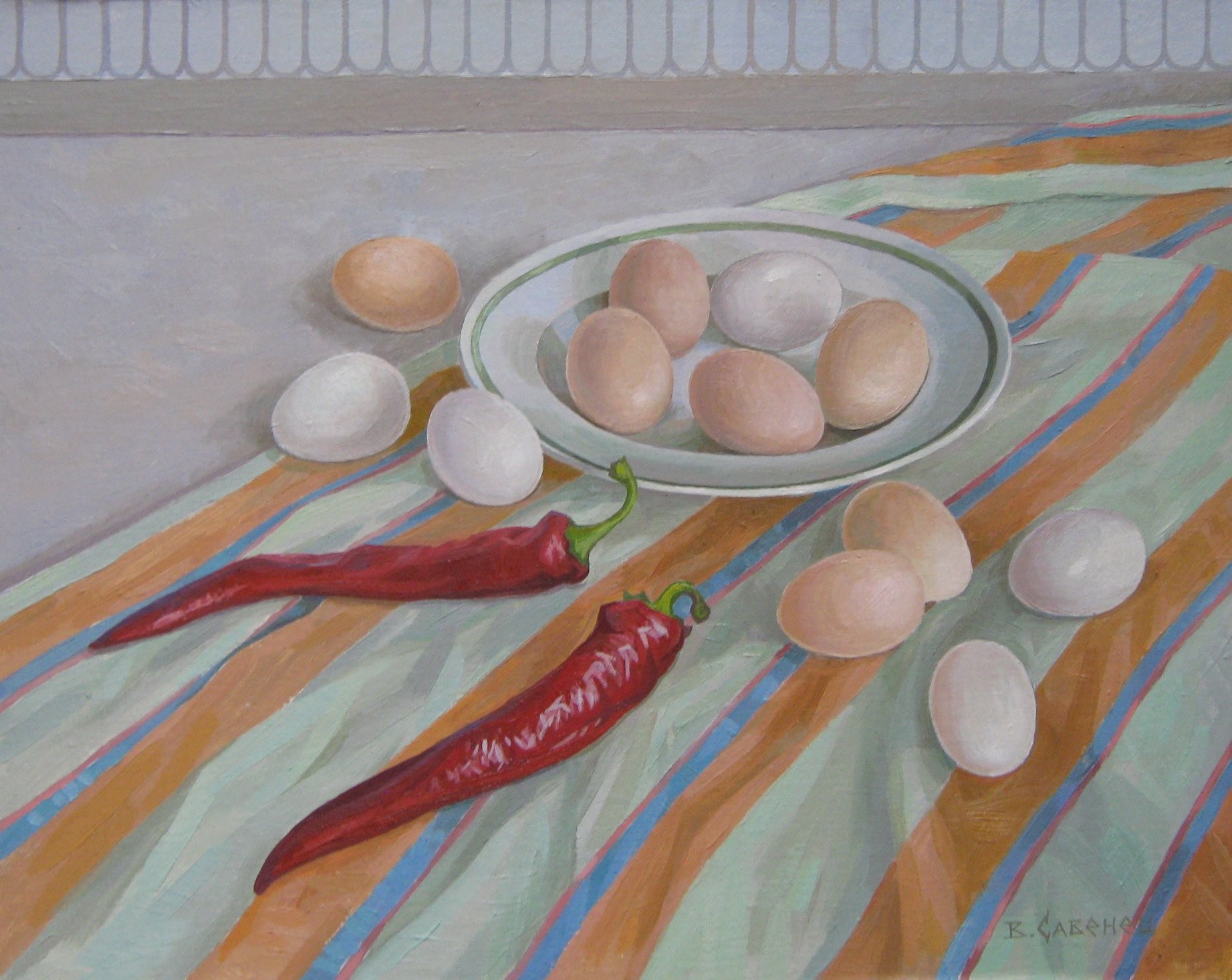 Valery Savenets, Still Life with Eggs and Peppers Valery Savenets, Still Life with Eggs and Peppers