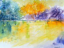 Painting, Colourful pond watercolor, Pol Ledent