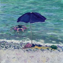 Peinture, Turquoise and violet Beach Scene, Bernadette Van Baarsen