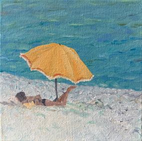 Pintura, Turquoise and Yellow Provençal Beach Scene. The Yellow Parasol, Bernadette Van Baarsen
