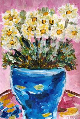 Pittura, White daisies in a blue pot, Natalya Mougenot