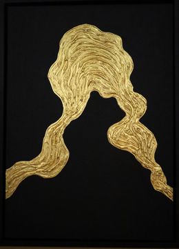 Pittura, Series Ocean Waves - 6 - gold leaf black abstraction in 3D, textured, minimalism, Nataliia Krykun