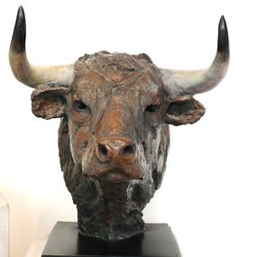 Sculpture, Le brave, tête de jeune taureau, Isabelle Carabantes