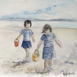Painting, Les jumelles à la plage série mer et océan, Marie-Charlotte Houpeurt-Chauffeté