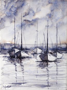 Painting, Lumière du soir sur les voiliers série mer et océan, Marie-Charlotte Houpeurt-Chauffeté