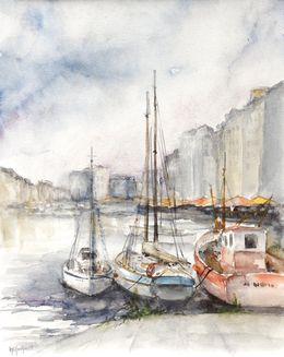 Painting, Voiliers dans le Le port de Honfleur série mer et océan, Marie-Charlotte Houpeurt-Chauffeté