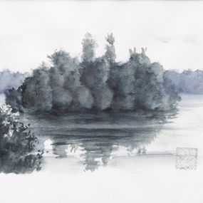Painting, Ile aux Paveurs en Essonne série Arbres, Swann