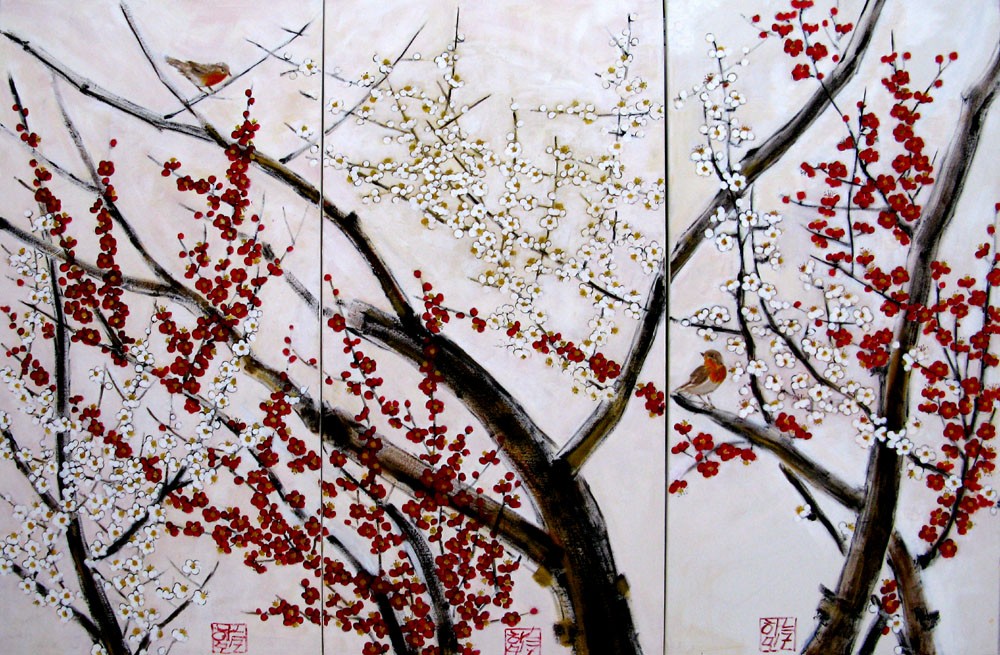 Jeong Min Lee, Triptyque - Deux rougegorges Jeong Min Lee, Triptyque - Deux rougegorges