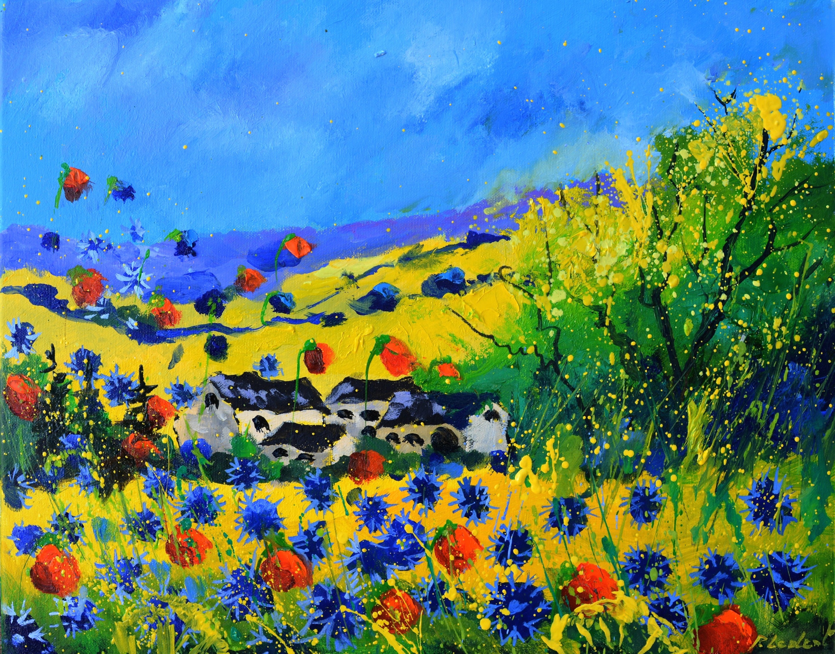 Pol Ledent, Red poppies and blue cornflowers Pol Ledent, Red poppies and blue cornflowers