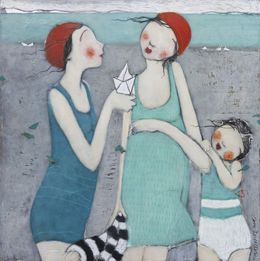 Pintura, En attendant ton voilier - Amour et partage, scène de vie au bord de la mer, Dom Dewalles