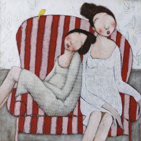 Painting, C'était une jolie musique - Portrait de jeunes filles sur le fauteuil et l'oiseau jaune, Dom Dewalles