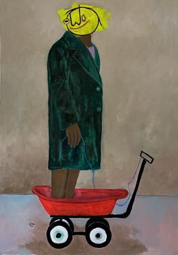 Painting, Lady on Red Wagon - 21st Century, Contemporary, Figurative, Neo-Expressionism, Wisdom Uche