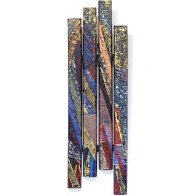 Peinture, Tokyo - Composition graphique, art brut coloré sur palette bois, Alain Ciavaldini