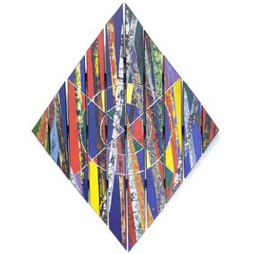 Peinture, Los Angeles - Composition graphique, art brut coloré sur palette bois, Alain Ciavaldini