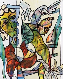 Painting, Le murumure de l'été - Portrait à l'oiseau et papillon, Jacques Alary