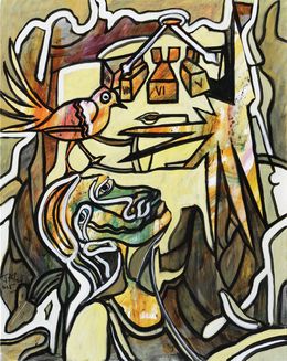 Painting, Les aiguilles du temps - portrait imaginaire et l'oiseau face au temps qui passe, Jacques Alary