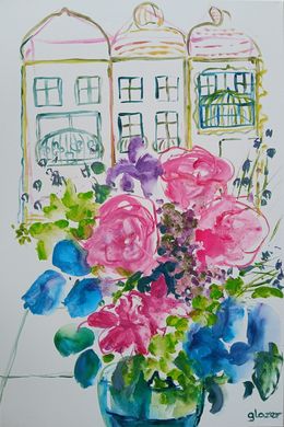 Painting, Through Nina's Bouquet, the Townhouses Embrace, Joanna Glazer