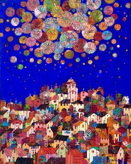 Painting, Village en fête, Jean-francois Larrieu