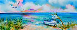Painting, Boat and Seagulls on Seashore, Soos Roxana